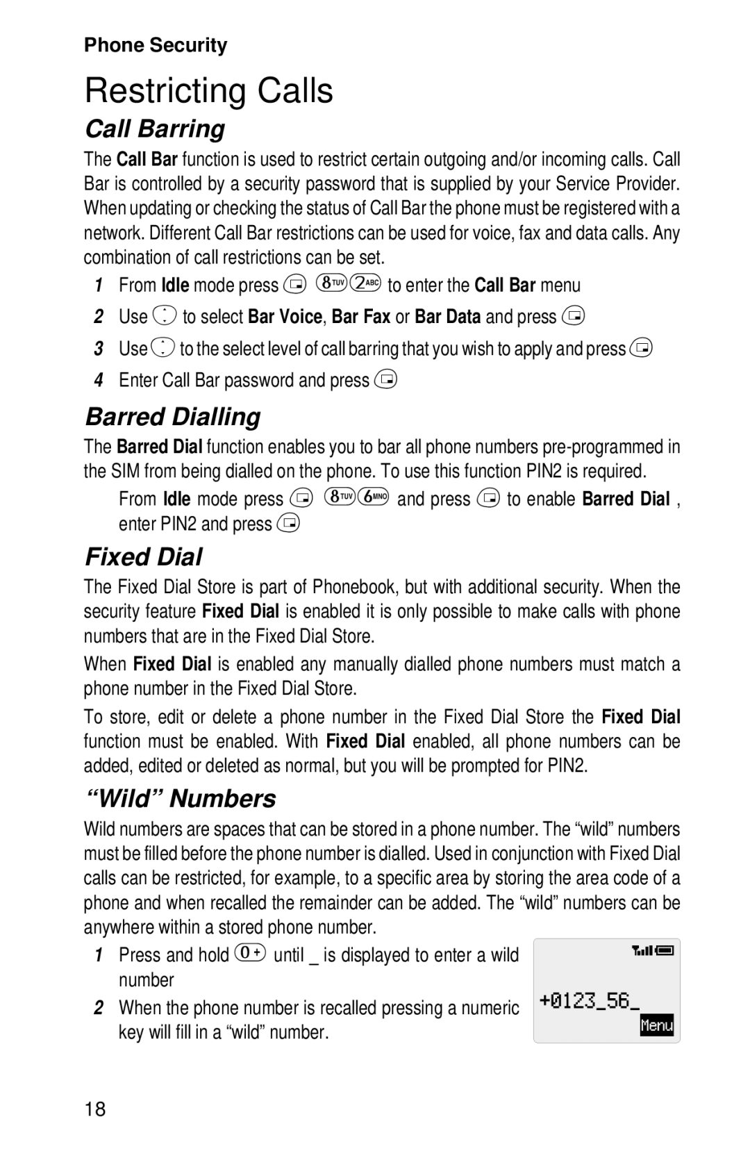 Panasonic EB-GD52 operating instructions Restricting Calls, Call Barring, Barred Dialling, Fixed Dial, Wild Numbers 