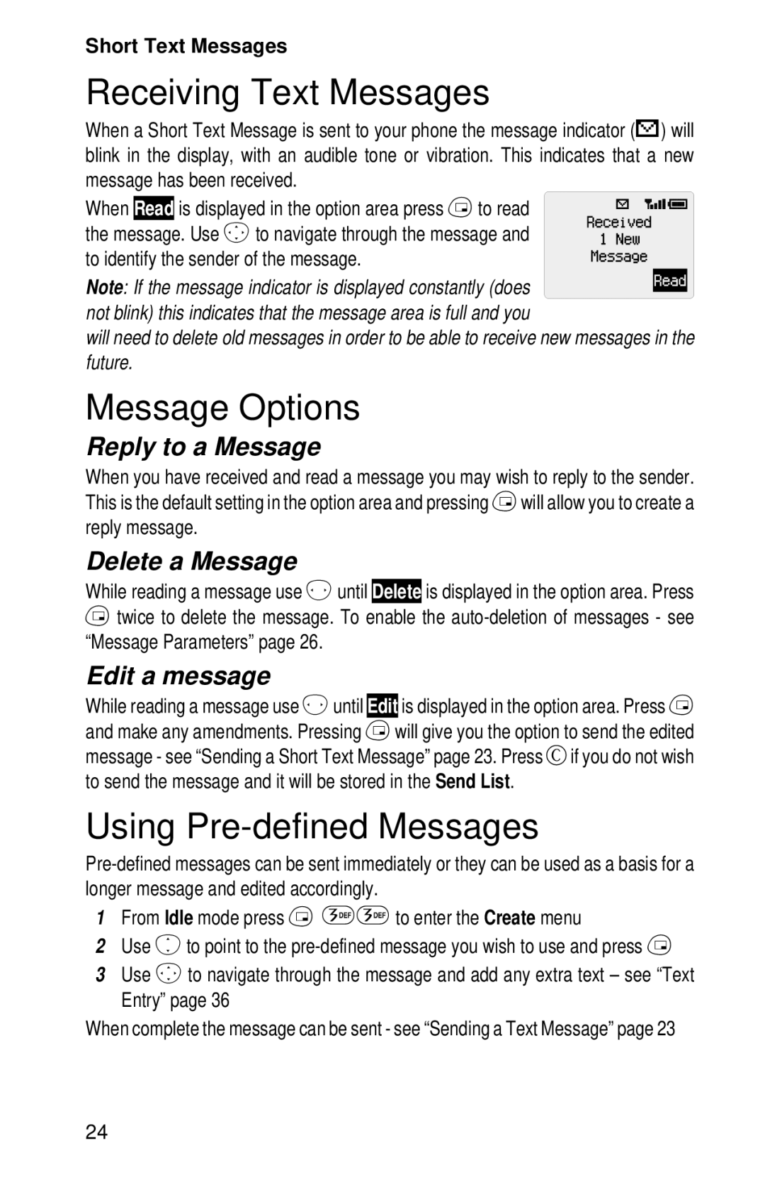 Panasonic EB-GD52 operating instructions Receiving Text Messages, Message Options, Using Pre-defined Messages 