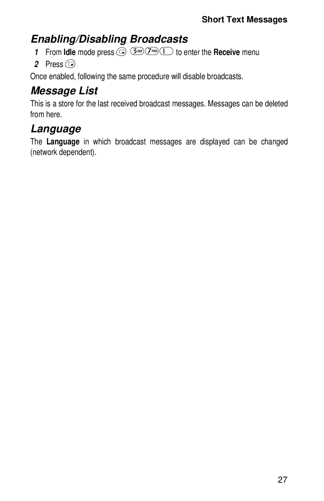 Panasonic EB-GD52 operating instructions Enabling/Disabling Broadcasts, Message List, Language 