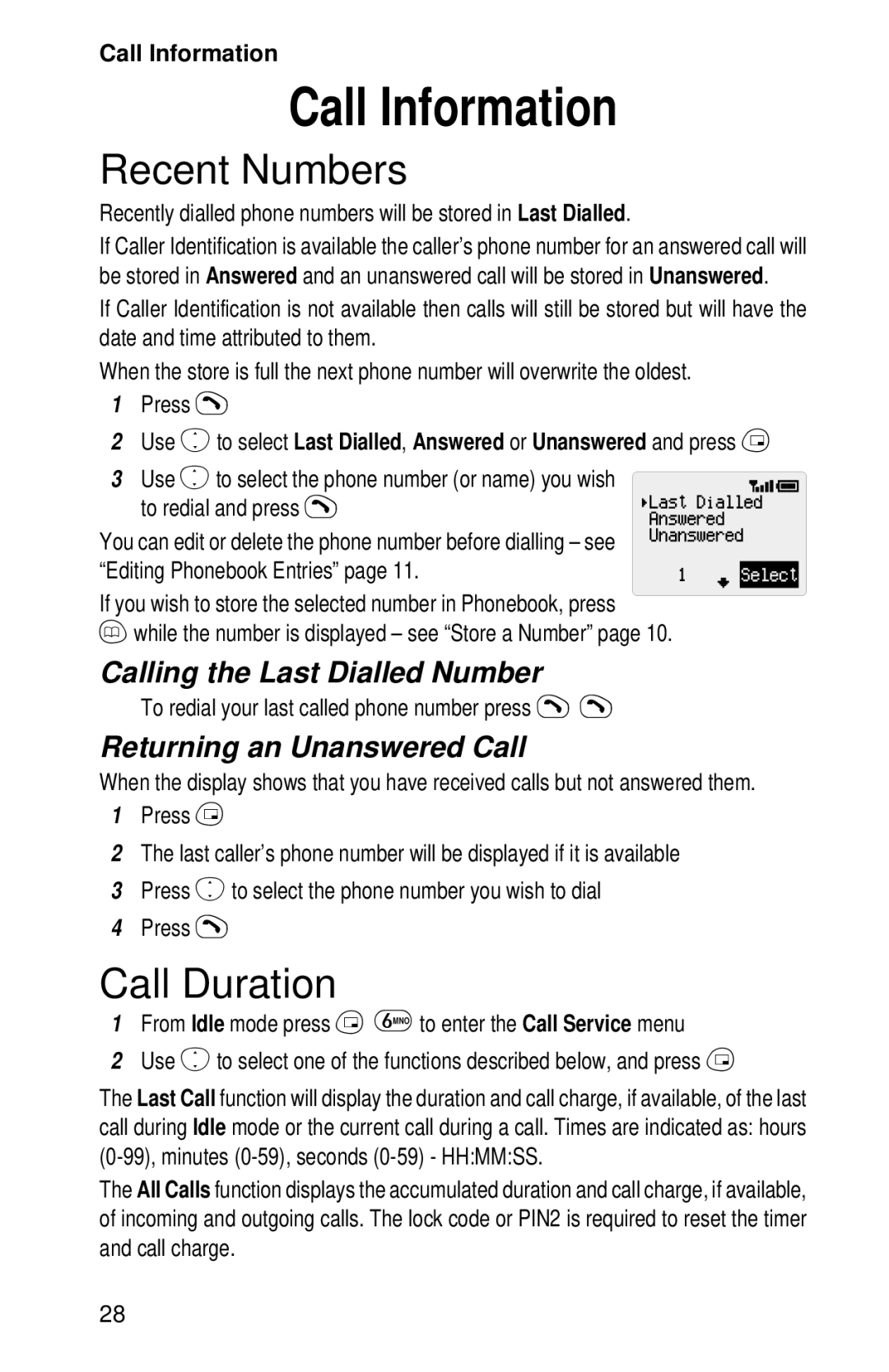 Panasonic EB-GD52 operating instructions Call Information, Recent Numbers, Call Duration, Calling the Last Dialled Number 