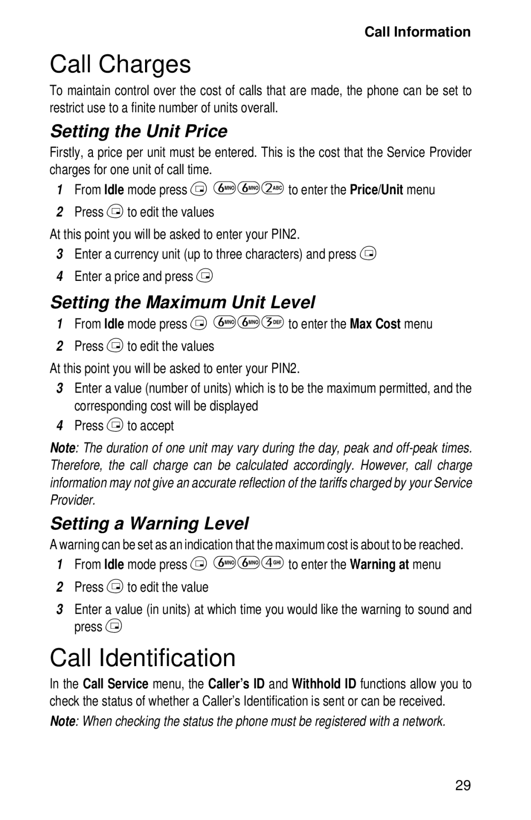 Panasonic EB-GD52 Call Charges, Call Identification, Setting the Unit Price, Setting the Maximum Unit Level 