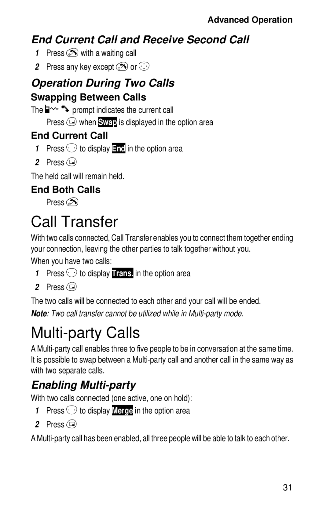 Panasonic EB-GD52 Call Transfer, Multi-party Calls, End Current Call and Receive Second Call, Operation During Two Calls 