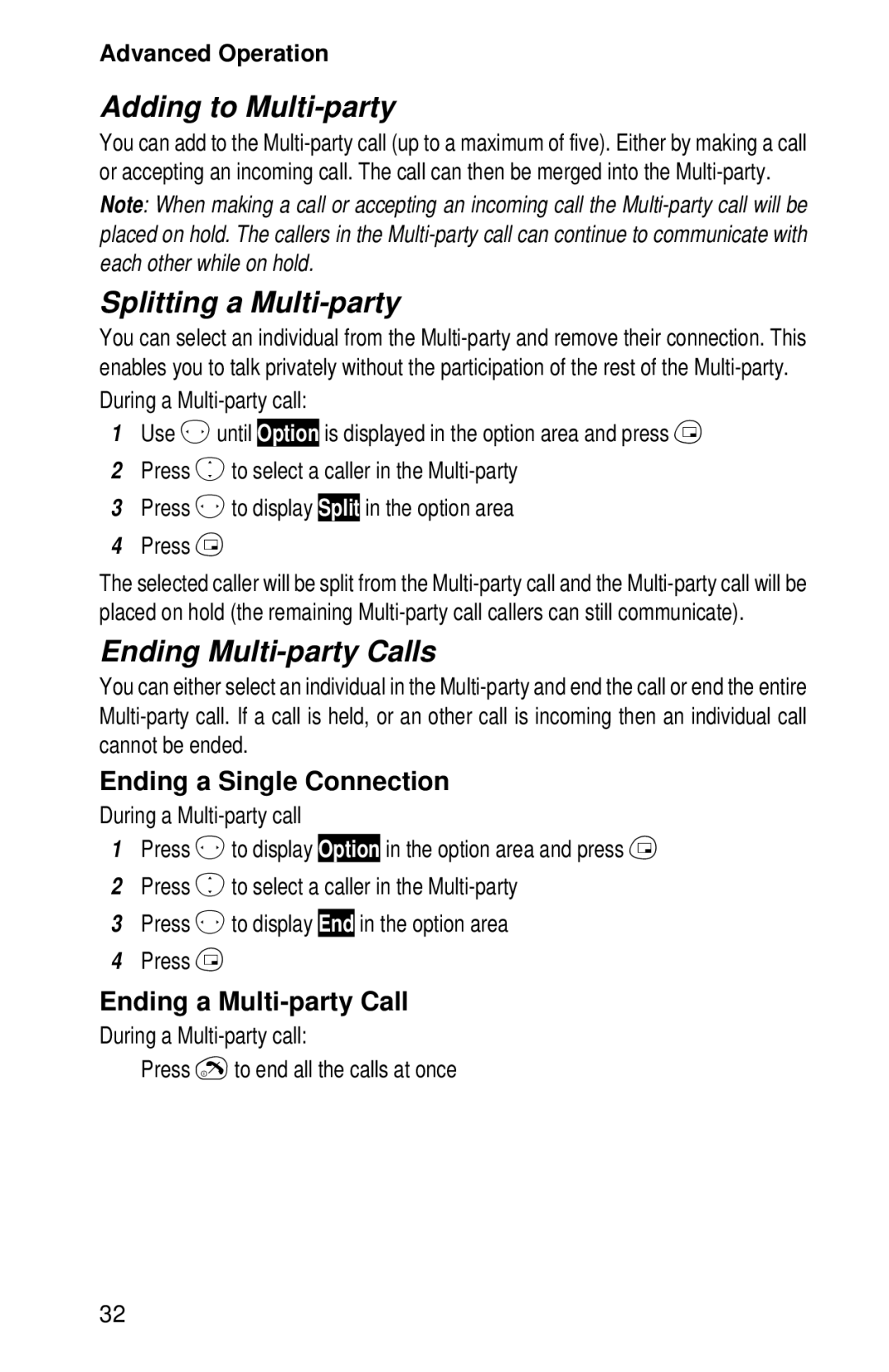 Panasonic EB-GD52 operating instructions Adding to Multi-party, Splitting a Multi-party, Ending Multi-party Calls 