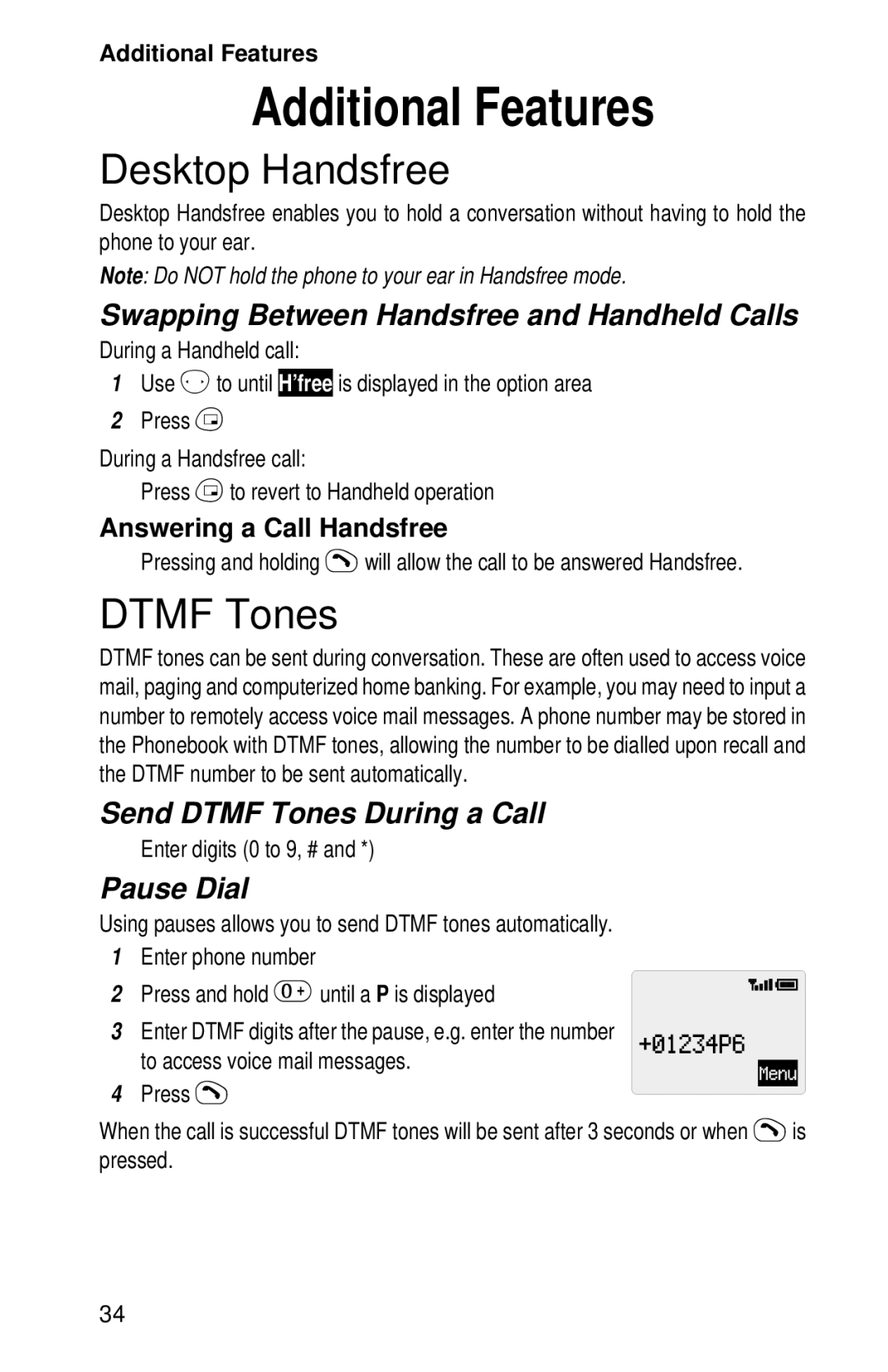 Panasonic EB-GD52 operating instructions Additional Features, Desktop Handsfree, Dtmf Tones 