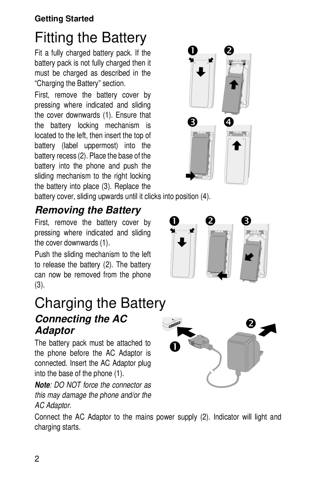 Panasonic EB-GD52 Fitting the Battery, Charging the Battery, Removing the Battery, Connecting the AC Adaptor 