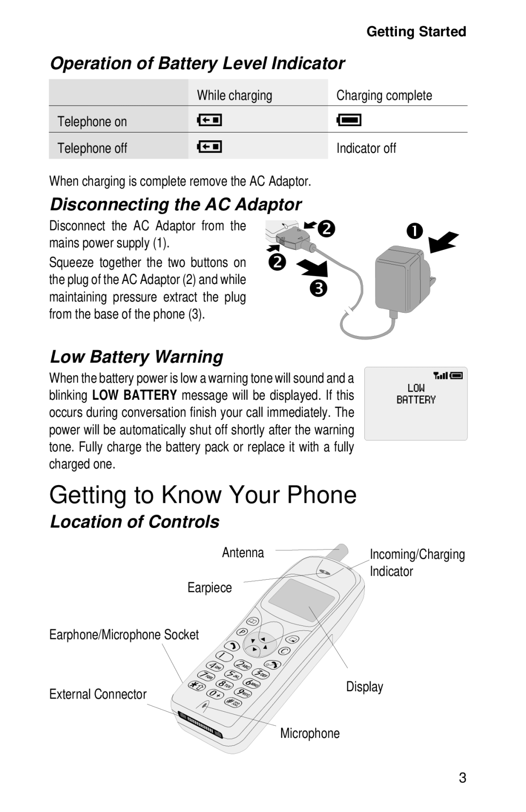 Panasonic EB-GD52 Getting to Know Your Phone, Operation of Battery Level Indicator, Disconnecting the AC Adaptor 