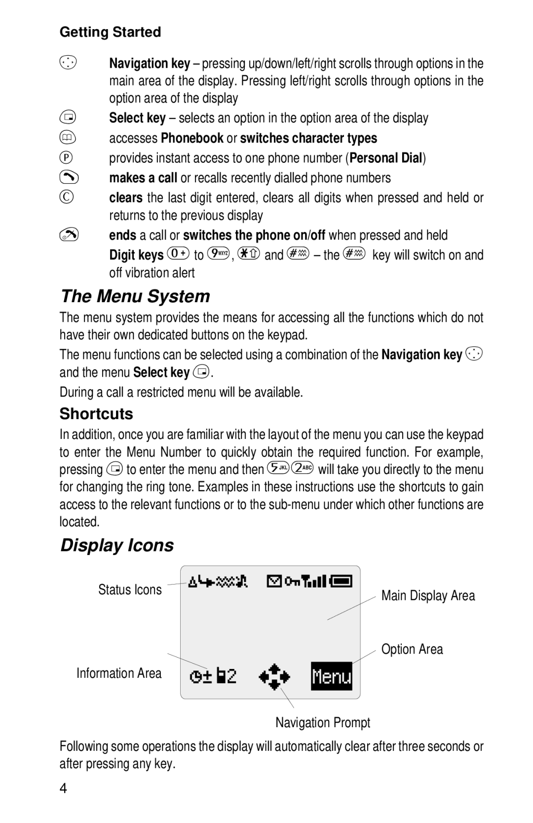 Panasonic EB-GD52 operating instructions Menu System, Display Icons, Status Icons, Option Area 