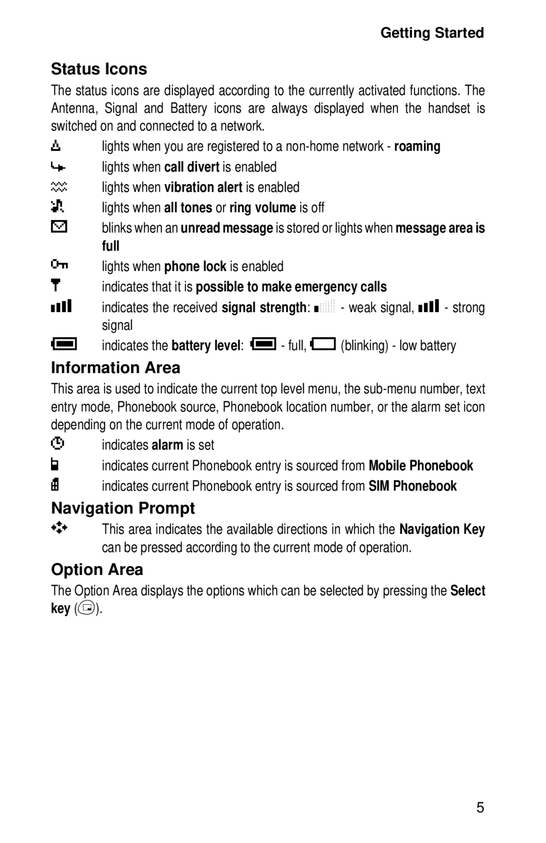 Panasonic EB-GD52 operating instructions Status Icons, ? indicates alarm is set 