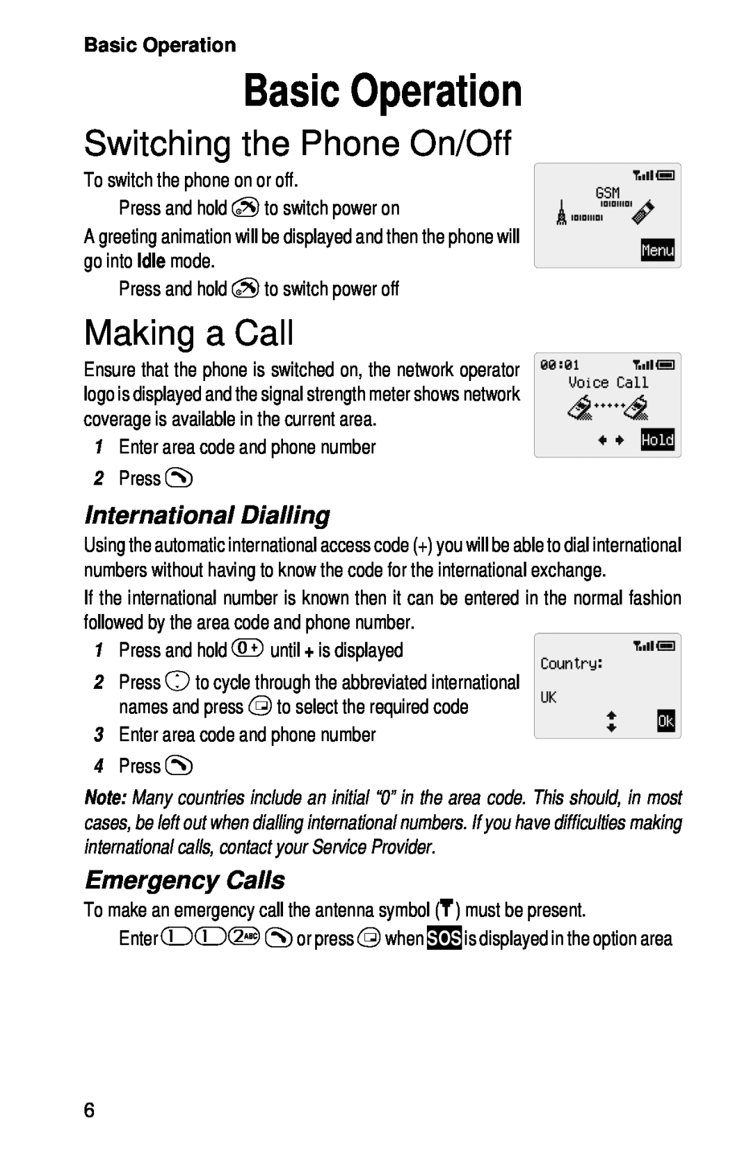 Panasonic EB-GD52 Basic Operation, Switching the Phone On/Off, Making a Call, International Dialling, Emergency Calls 