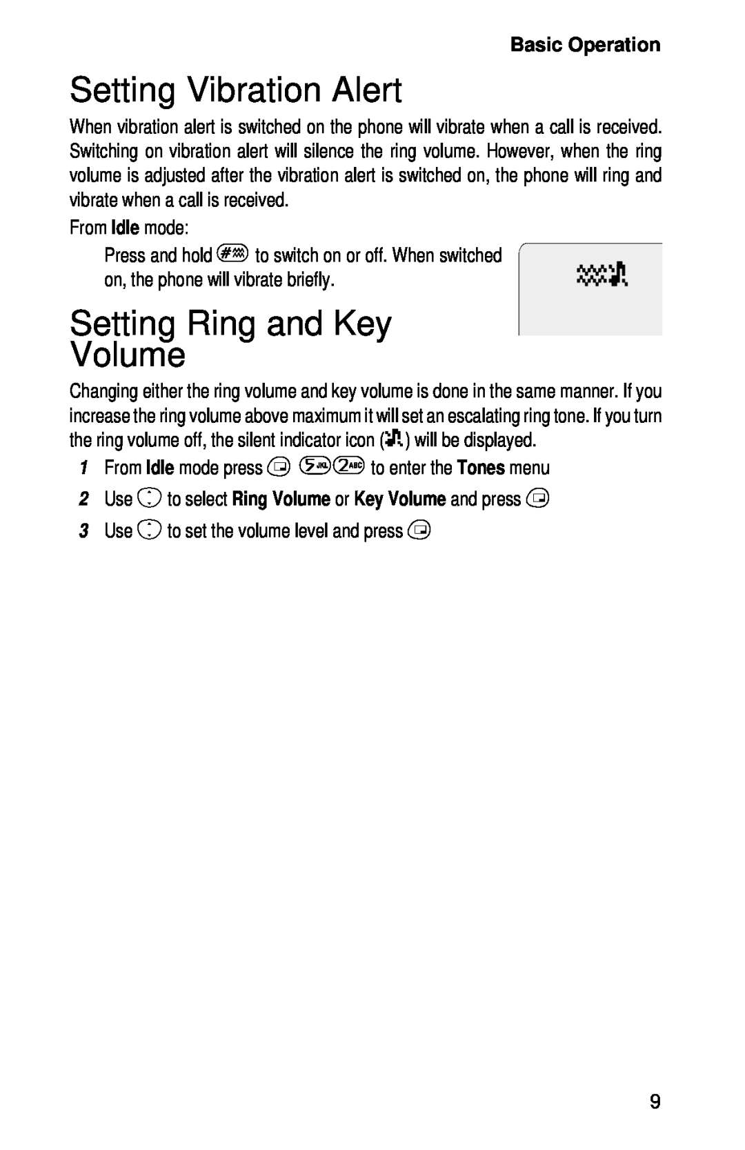 Panasonic EB-GD52 Setting Vibration Alert, Setting Ring and Key Volume, Basic Operation, From Idle mode 