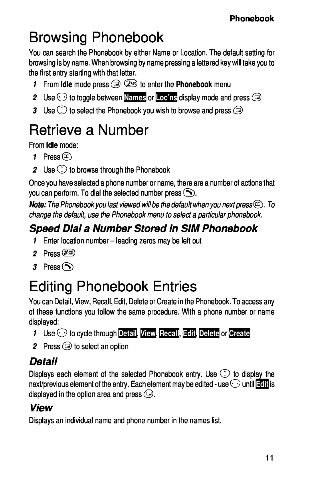 Panasonic EB-GD52 operating instructions Browsing Phonebook, Retrieve a Number, Editing Phonebook Entries, Detail, View 