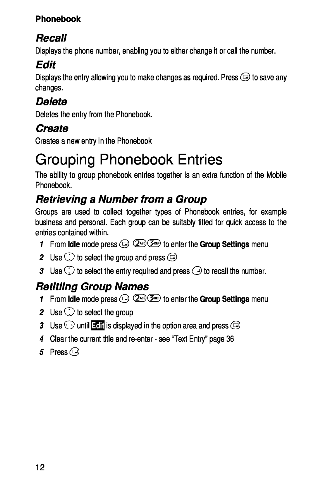 Panasonic EB-GD52 Grouping Phonebook Entries, Recall, Edit, Delete, Create, Retrieving a Number from a Group 
