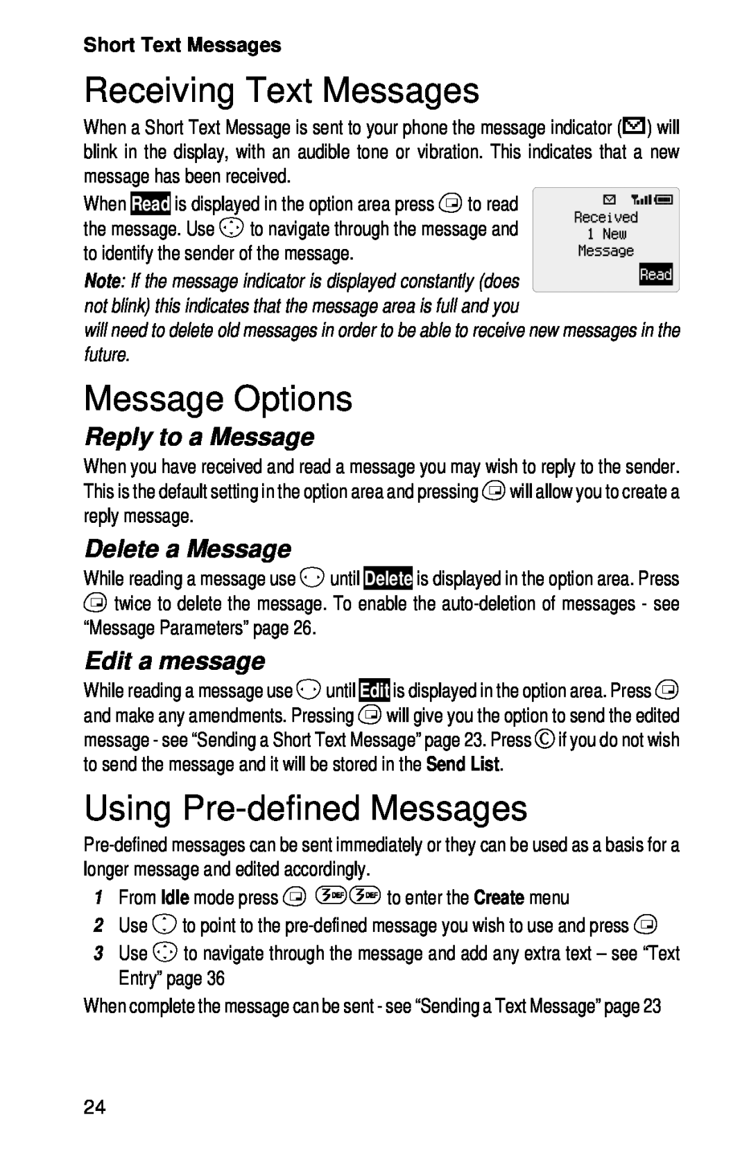 Panasonic EB-GD52 Receiving Text Messages, Message Options, Using Pre-defined Messages, Reply to a Message, Edit a message 