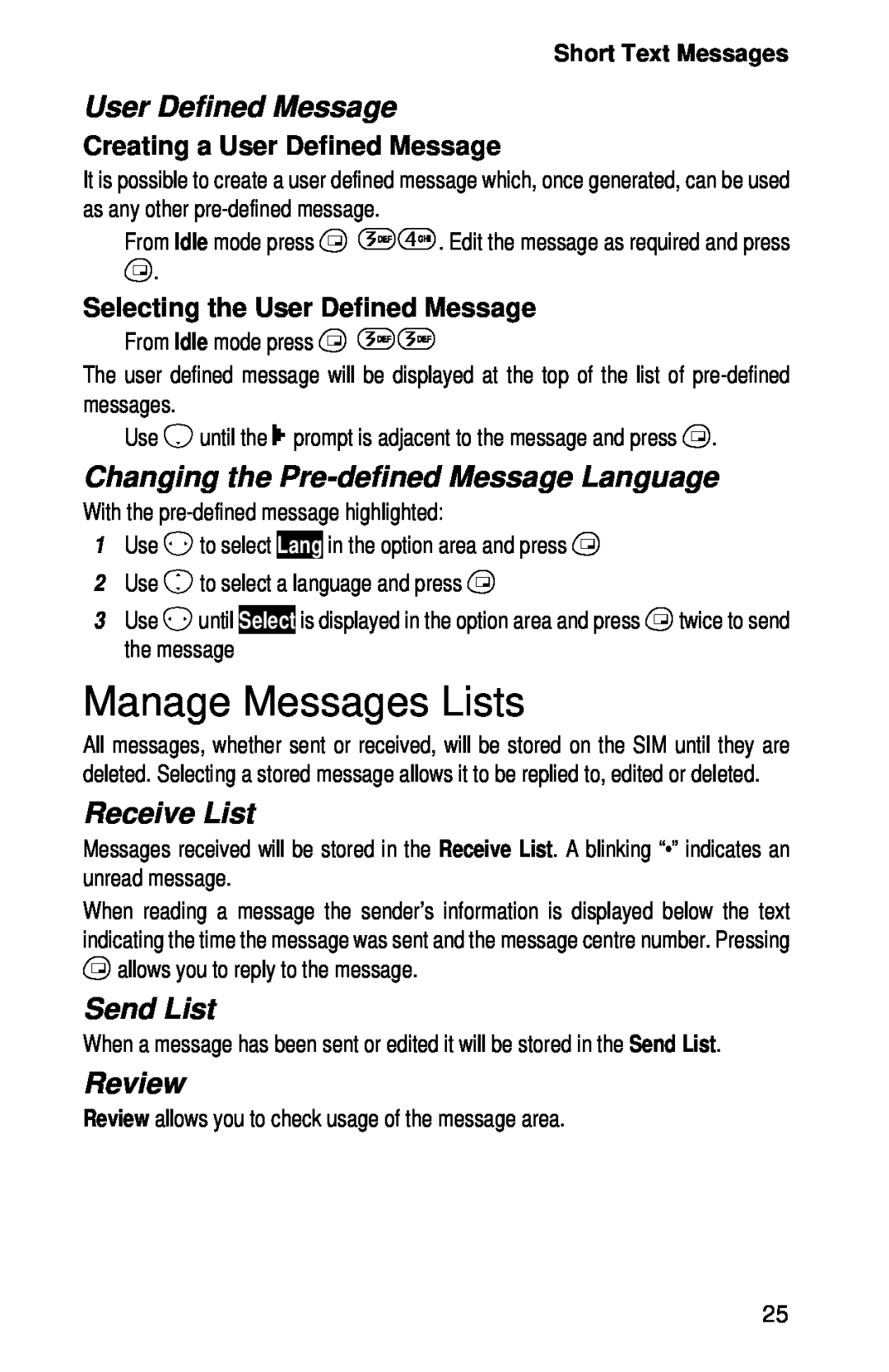 Panasonic EB-GD52 Manage Messages Lists, User Defined Message, Changing the Pre-defined Message Language, Receive List 
