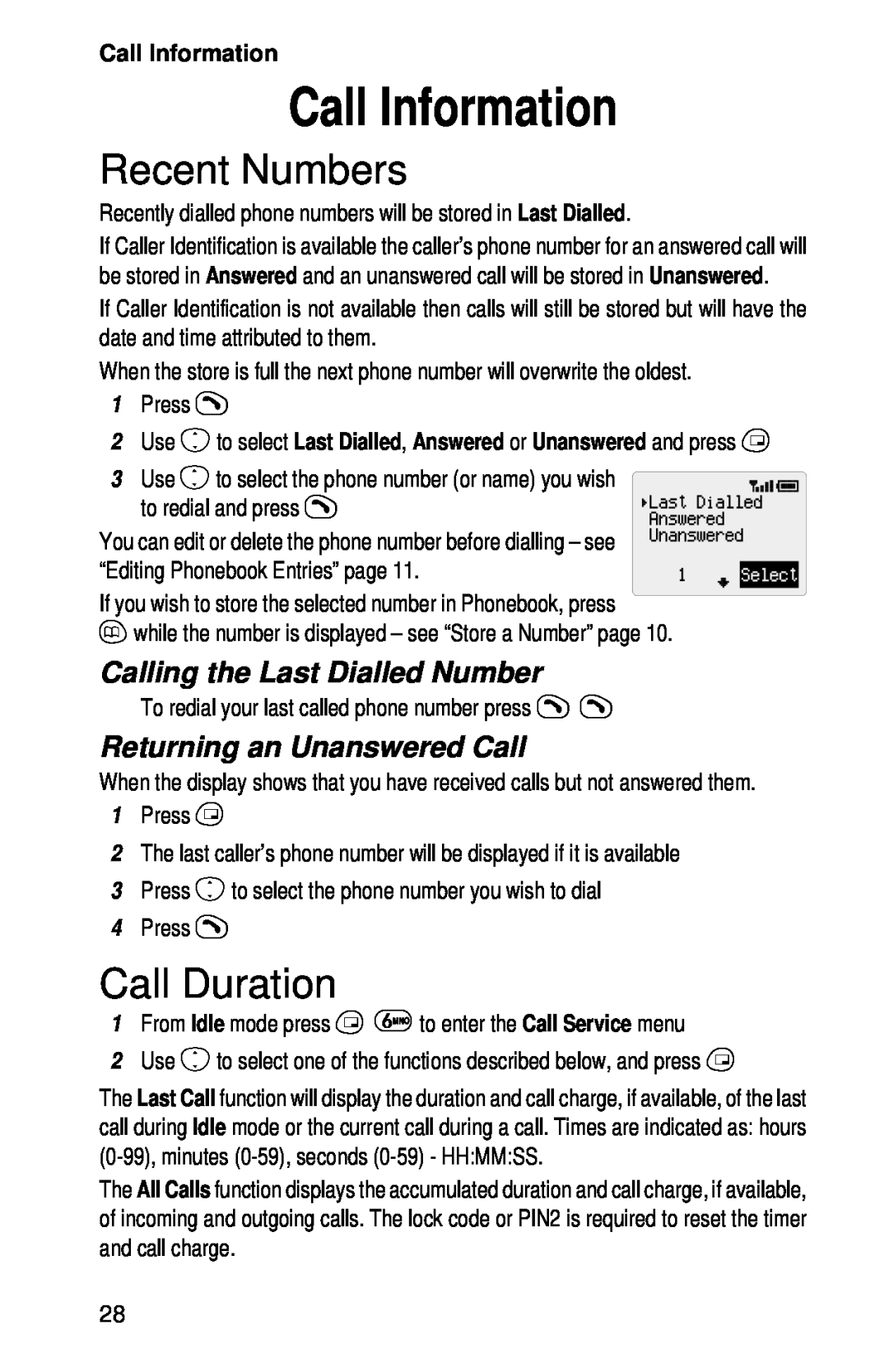 Panasonic EB-GD52 operating instructions Call Information, Recent Numbers, Call Duration, Calling the Last Dialled Number 