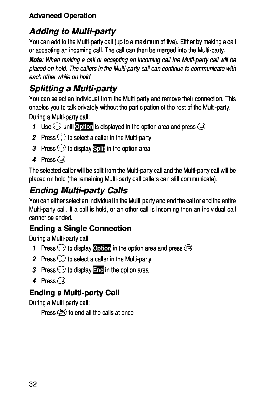 Panasonic EB-GD52 Adding to Multi-party, Splitting a Multi-party, Ending Multi-party Calls, Ending a Single Connection 