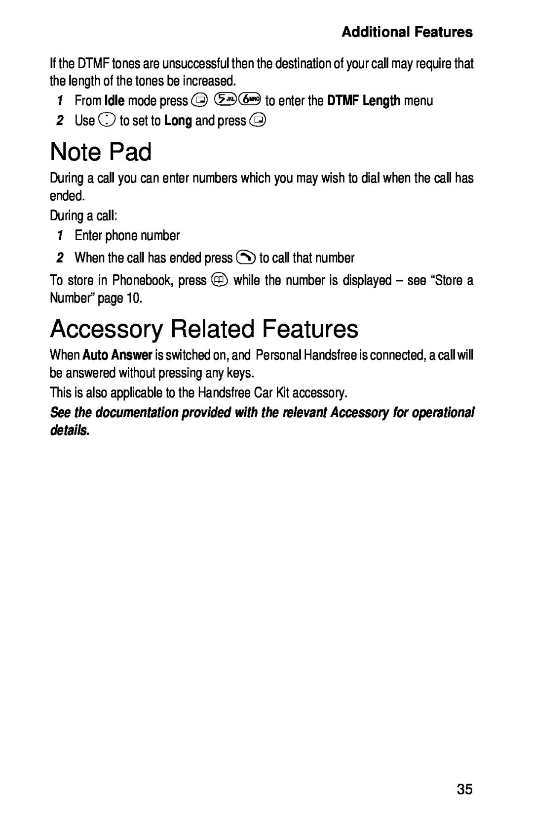 Panasonic EB-GD52 operating instructions Note Pad, Accessory Related Features, Additional Features 