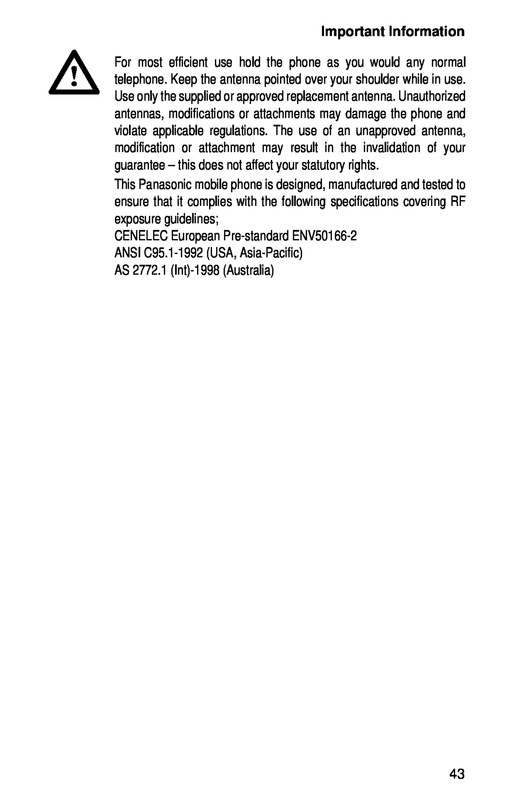 Panasonic EB-GD52 operating instructions Important Information, AS 2772.1 Int-1998 Australia 