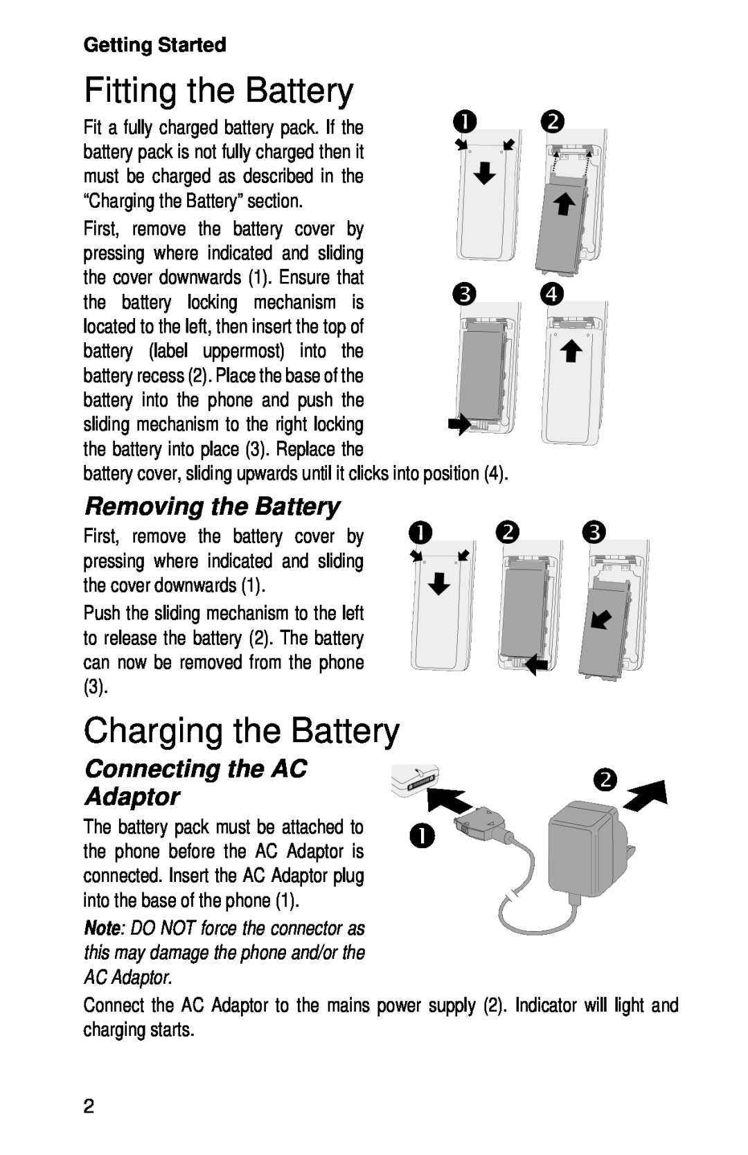 Panasonic EB-GD52 Fitting the Battery, Charging the Battery, Removing the Battery, Connecting the AC Adaptor 