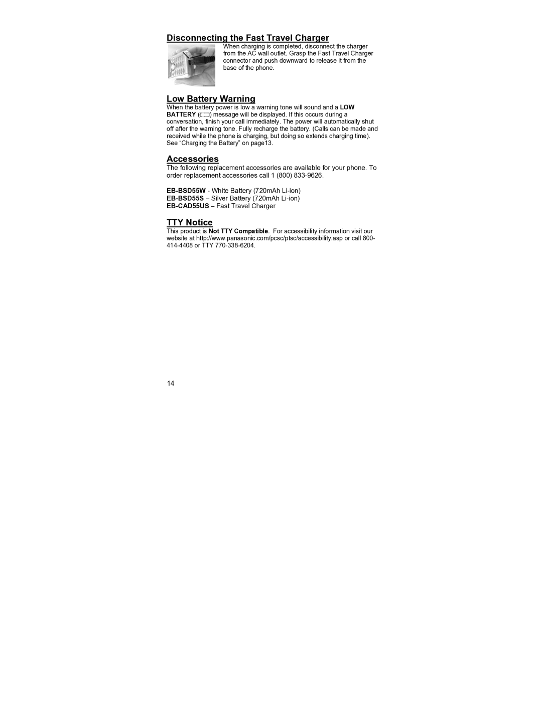 Panasonic EB-GD55 Disconnecting the Fast Travel Charger, Low Battery Warning, Accessories, TTY Notice 