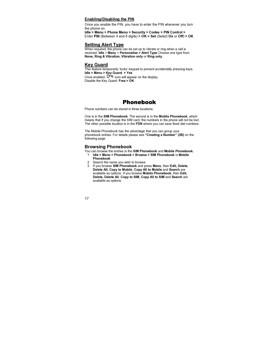 Panasonic EB-GD55 operating instructions Setting Alert Type, Key Guard, Browsing Phonebook, Enabling/Disabling the PIN 