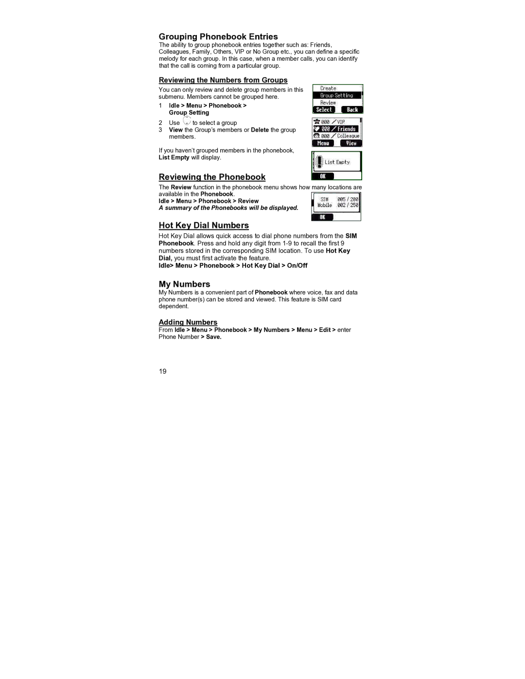 Panasonic EB-GD55 Grouping Phonebook Entries, Reviewing the Phonebook, Hot Key Dial Numbers, My Numbers 