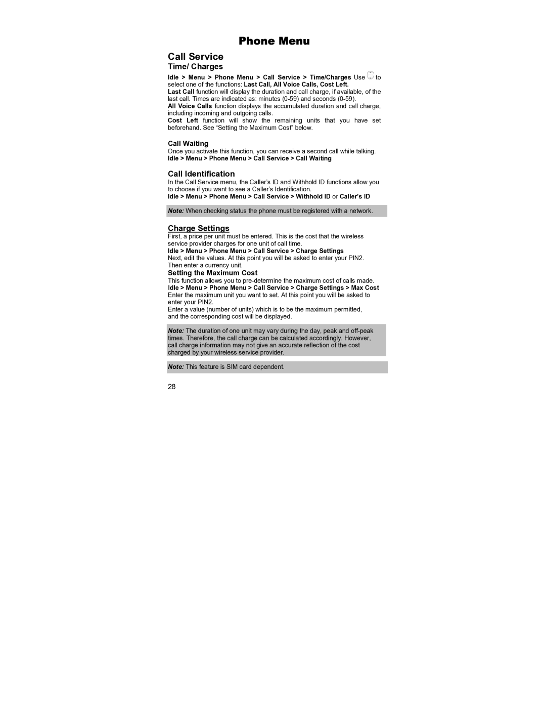 Panasonic EB-GD55 operating instructions Phone Menu, Time/ Charges, Call Identification, Charge Settings 