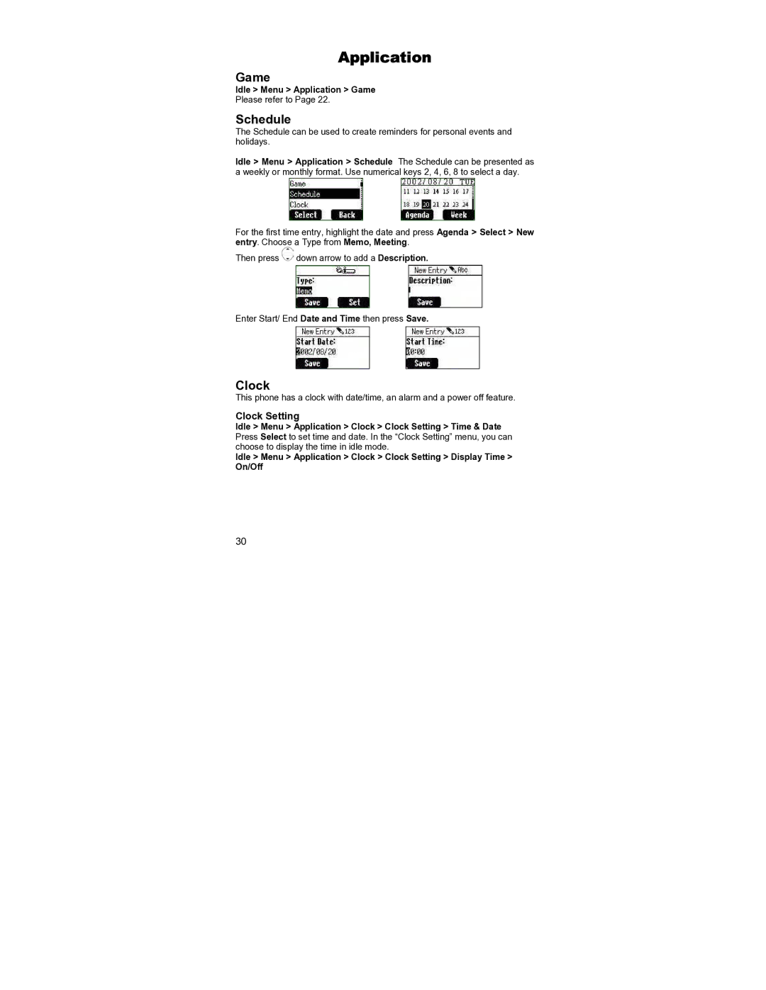 Panasonic EB-GD55 operating instructions Application, Game, Schedule, Clock Setting 