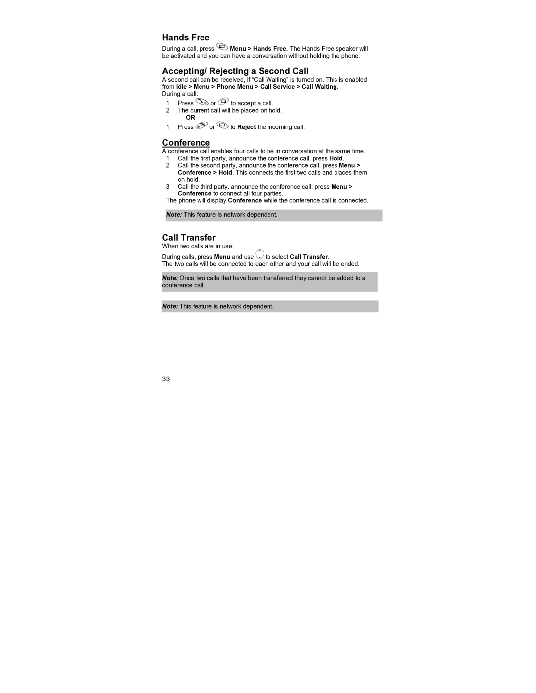 Panasonic EB-GD55 operating instructions Hands Free, Accepting/ Rejecting a Second Call, Conference, Call Transfer 