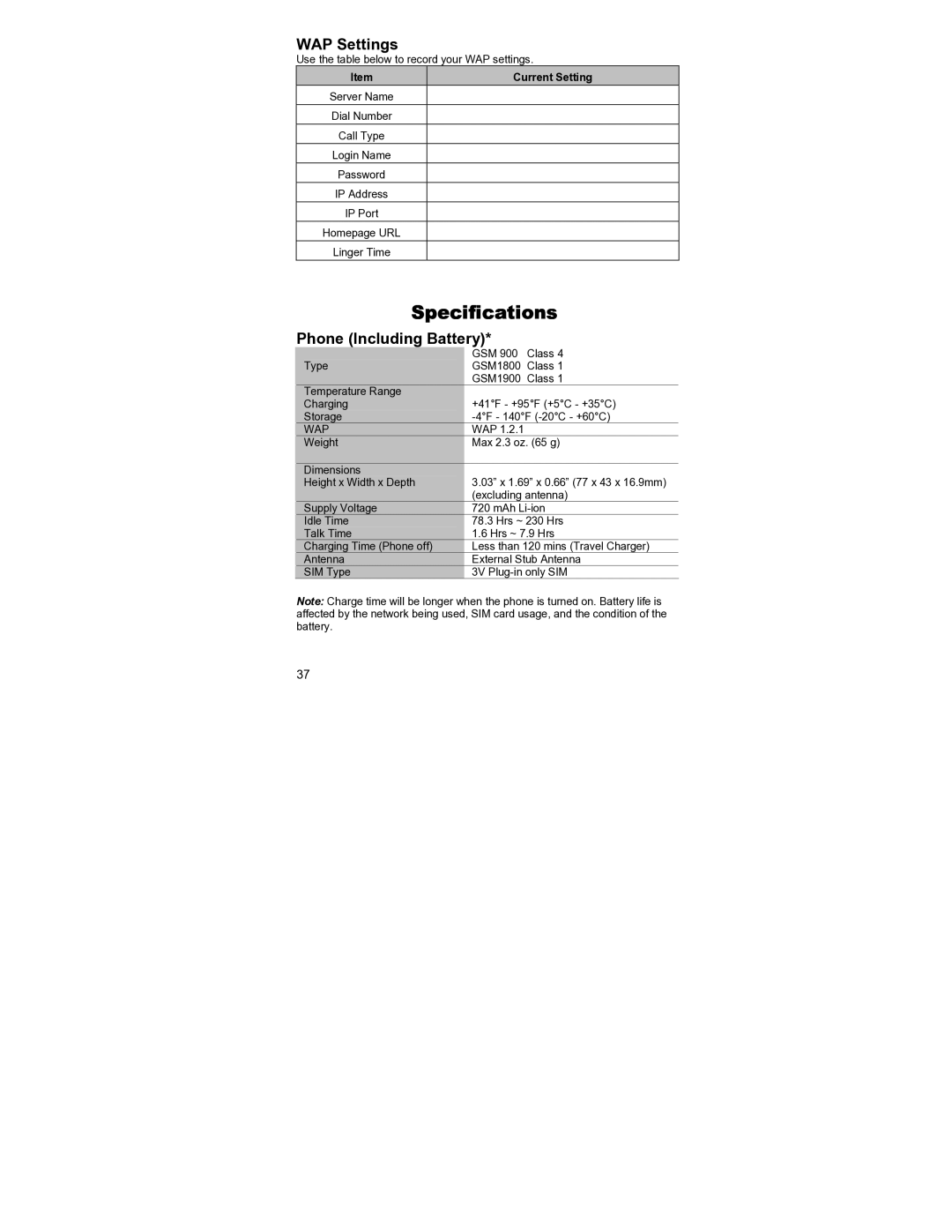 Panasonic EB-GD55 operating instructions Specifications, WAP Settings, Phone Including Battery, Current Setting 