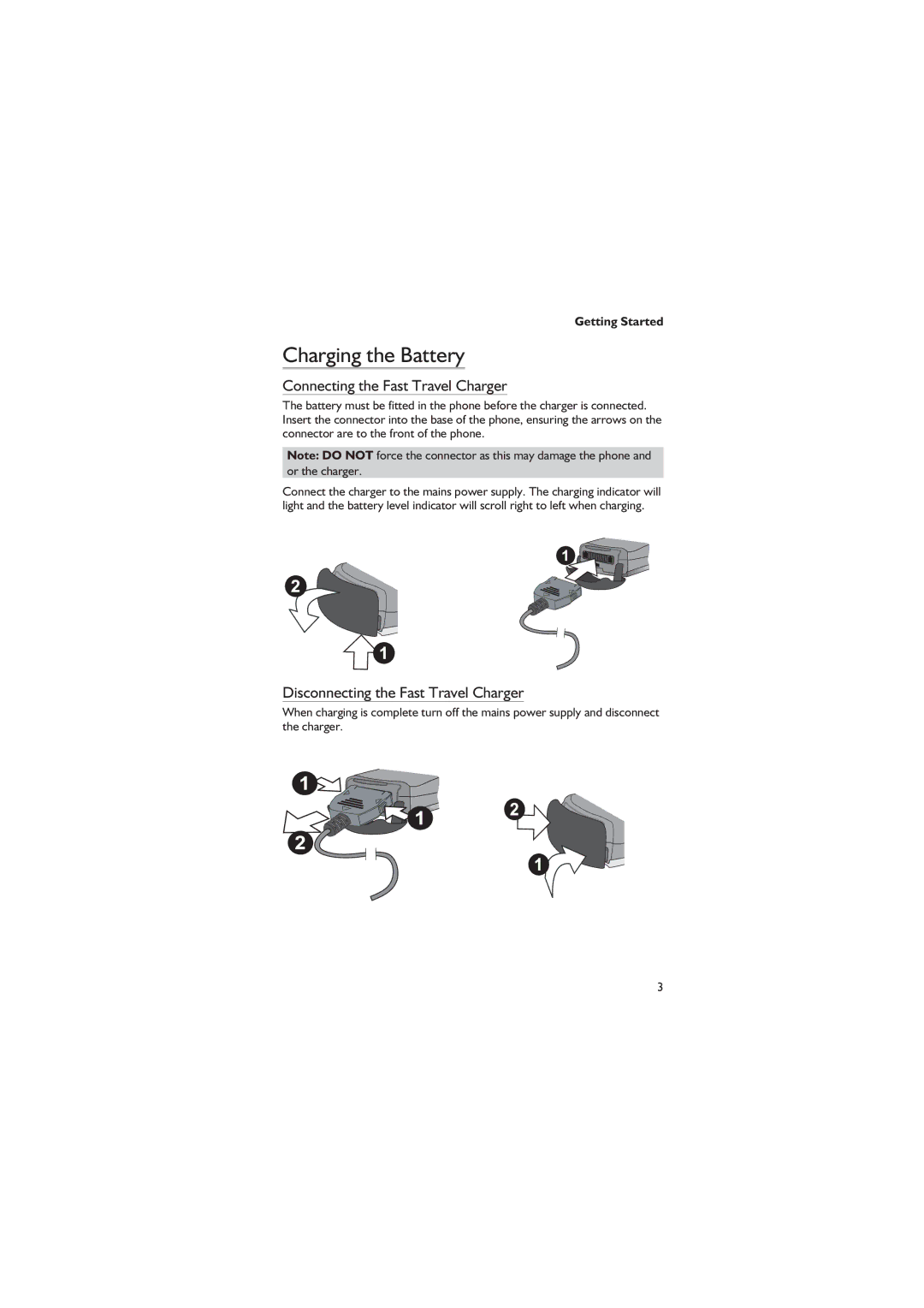 Panasonic EB-GD67 Charging the Battery, Connecting the Fast Travel Charger, Disconnecting the Fast Travel Charger 