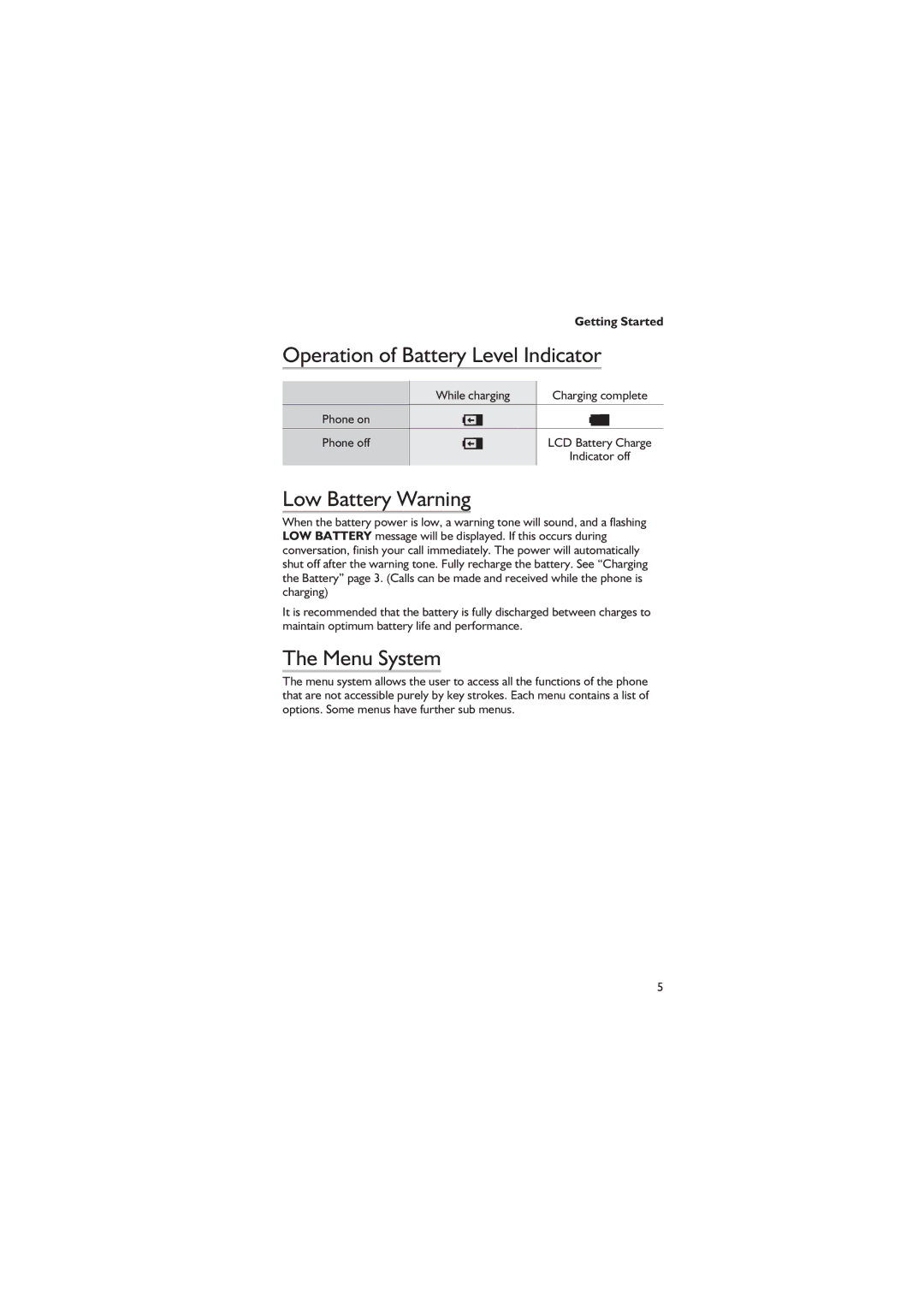 Panasonic EB-GD67 operating instructions Operation of Battery Level Indicator, Low Battery Warning, Menu System 