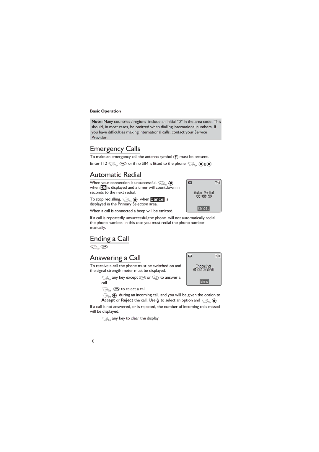 Panasonic EB-GD67 operating instructions Emergency Calls, Automatic Redial, Ending a Call Answering a Call 