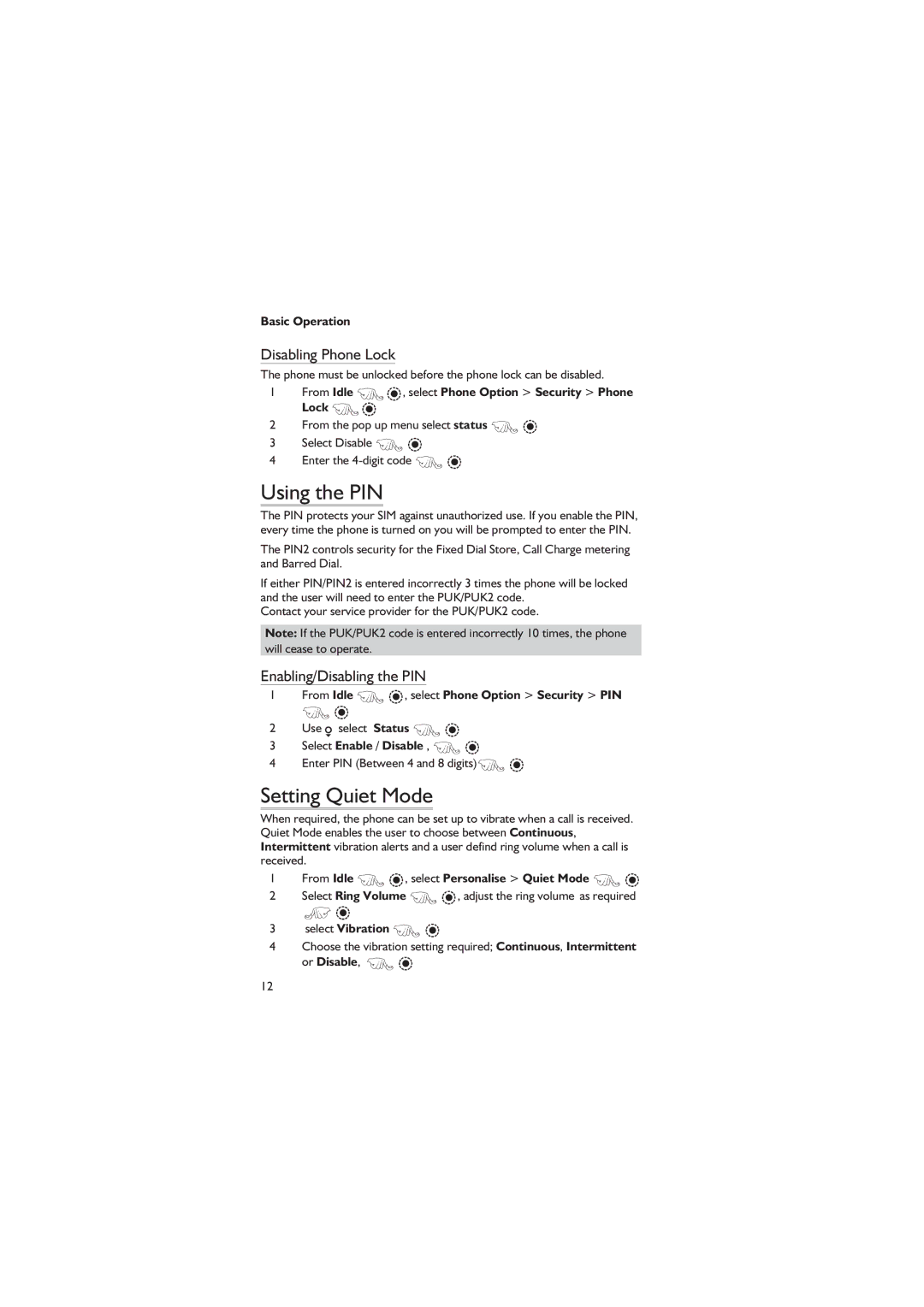 Panasonic EB-GD67 operating instructions Using the PIN, Disabling Phone Lock, Enabling/Disabling the PIN 