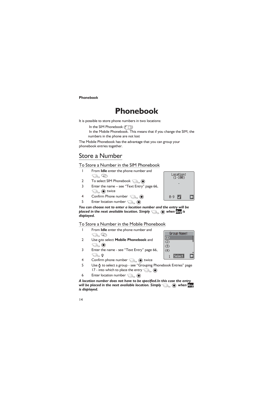 Panasonic EB-GD67 To Store a Number in the SIM Phonebook, To Store a Number in the Mobile Phonebook 