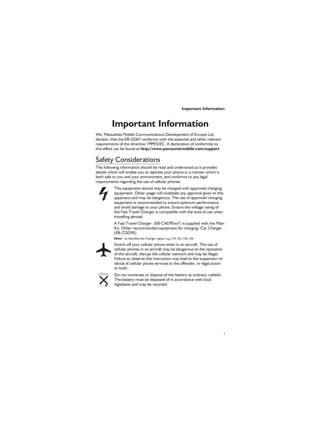 Panasonic EB-GD67 operating instructions Important Information, Safety Considerations 