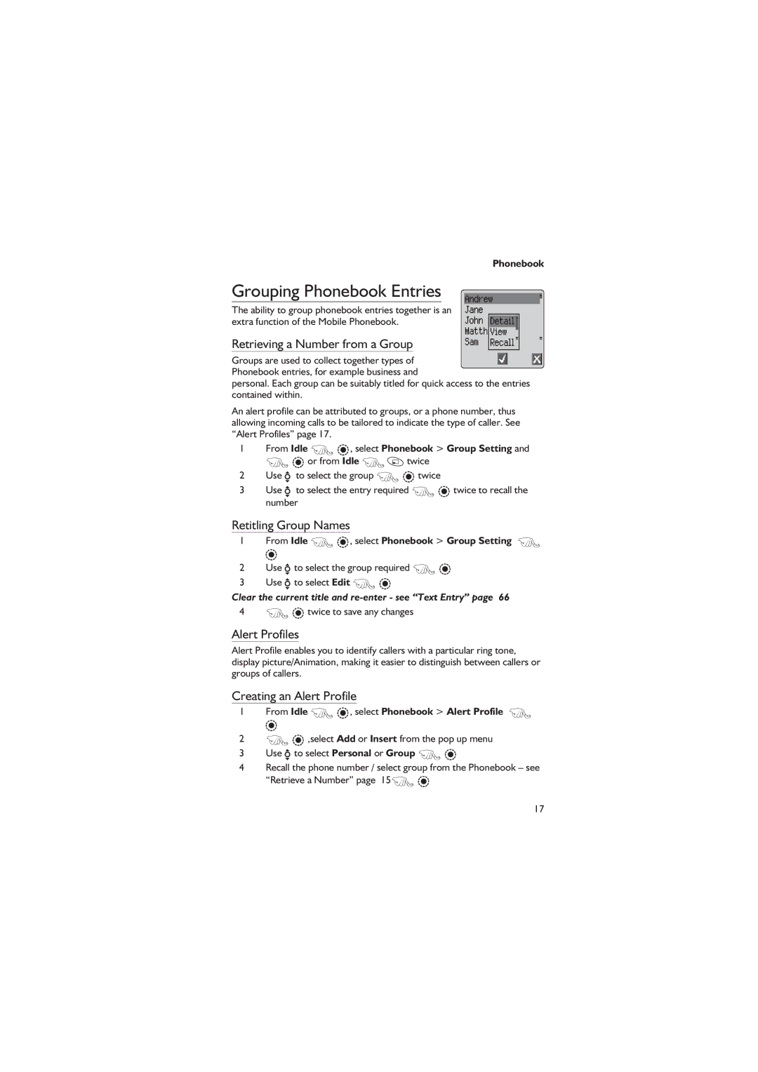 Panasonic EB-GD67 Grouping Phonebook Entries, Retrieving a Number from a Group, Retitling Group Names, Alert Profiles 