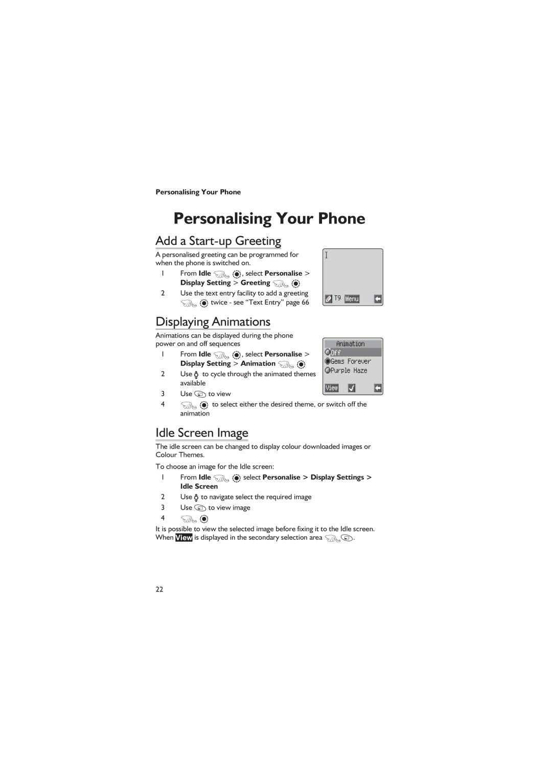 Panasonic EB-GD67 Personalising Your Phone, Add a Start-up Greeting, Displaying Animations, Idle Screen Image 