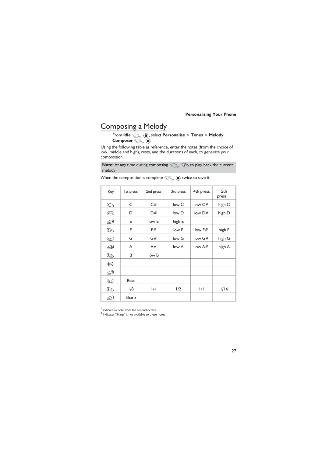 Panasonic EB-GD67 operating instructions Composing a Melody, From Idle F Q, select Personalise Tones Melody Composer F Q 