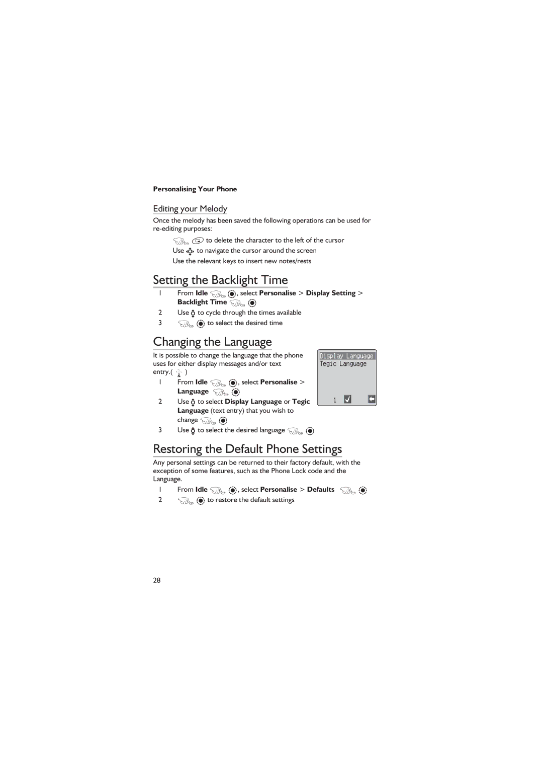 Panasonic EB-GD67 Setting the Backlight Time, Changing the Language, Restoring the Default Phone Settings 