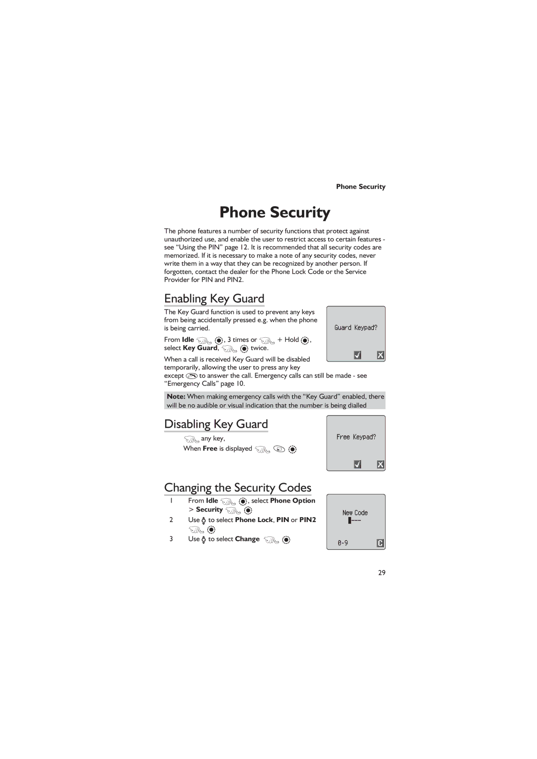 Panasonic EB-GD67 Phone Security, Enabling Key Guard, Disabling Key Guard, Changing the Security Codes 