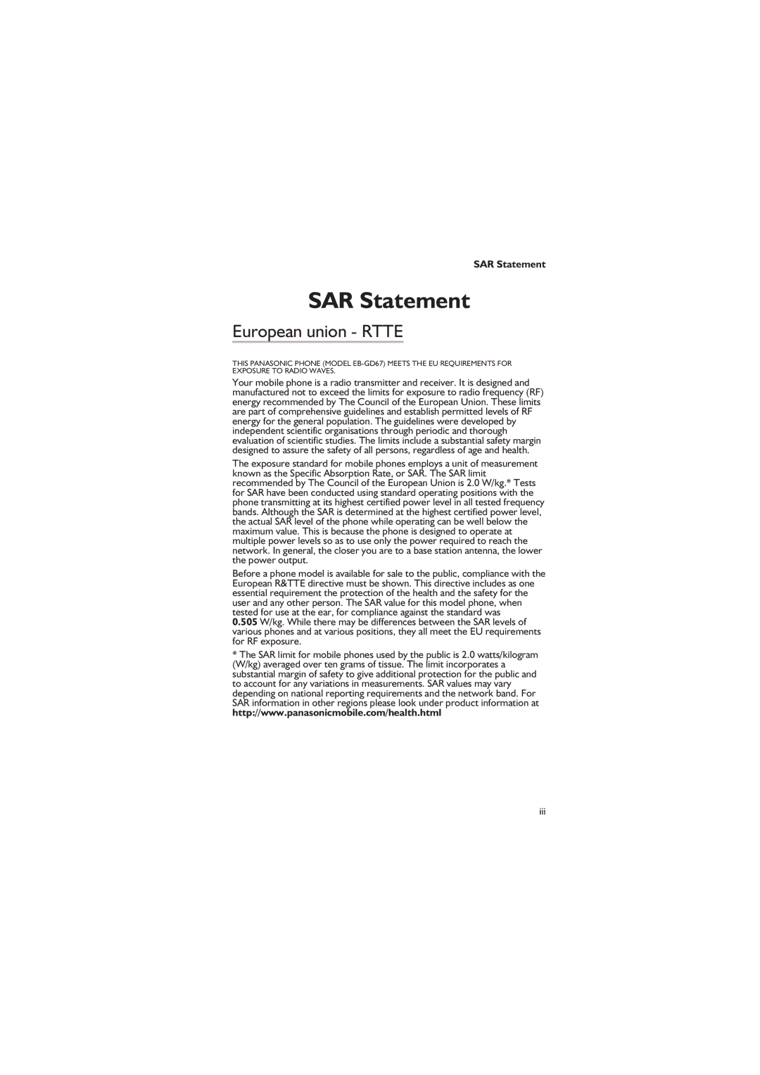 Panasonic EB-GD67 operating instructions SAR Statement, European union Rtte 