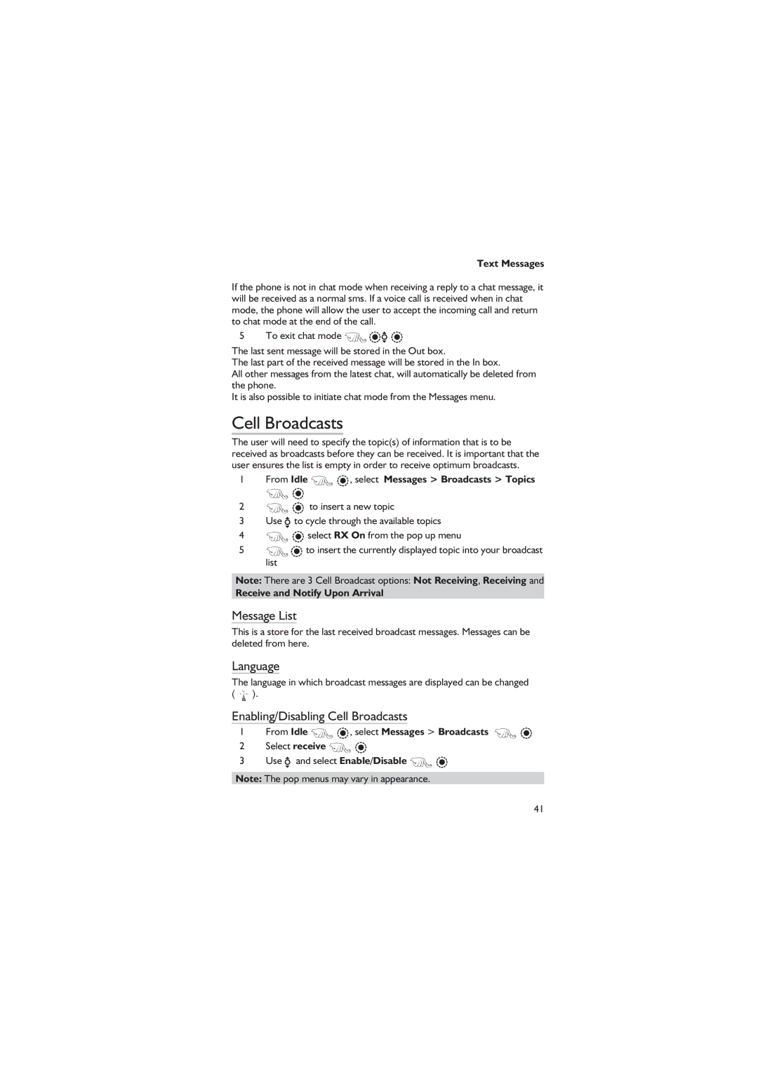 Panasonic EB-GD67 operating instructions Message List, Language, Enabling/Disabling Cell Broadcasts 