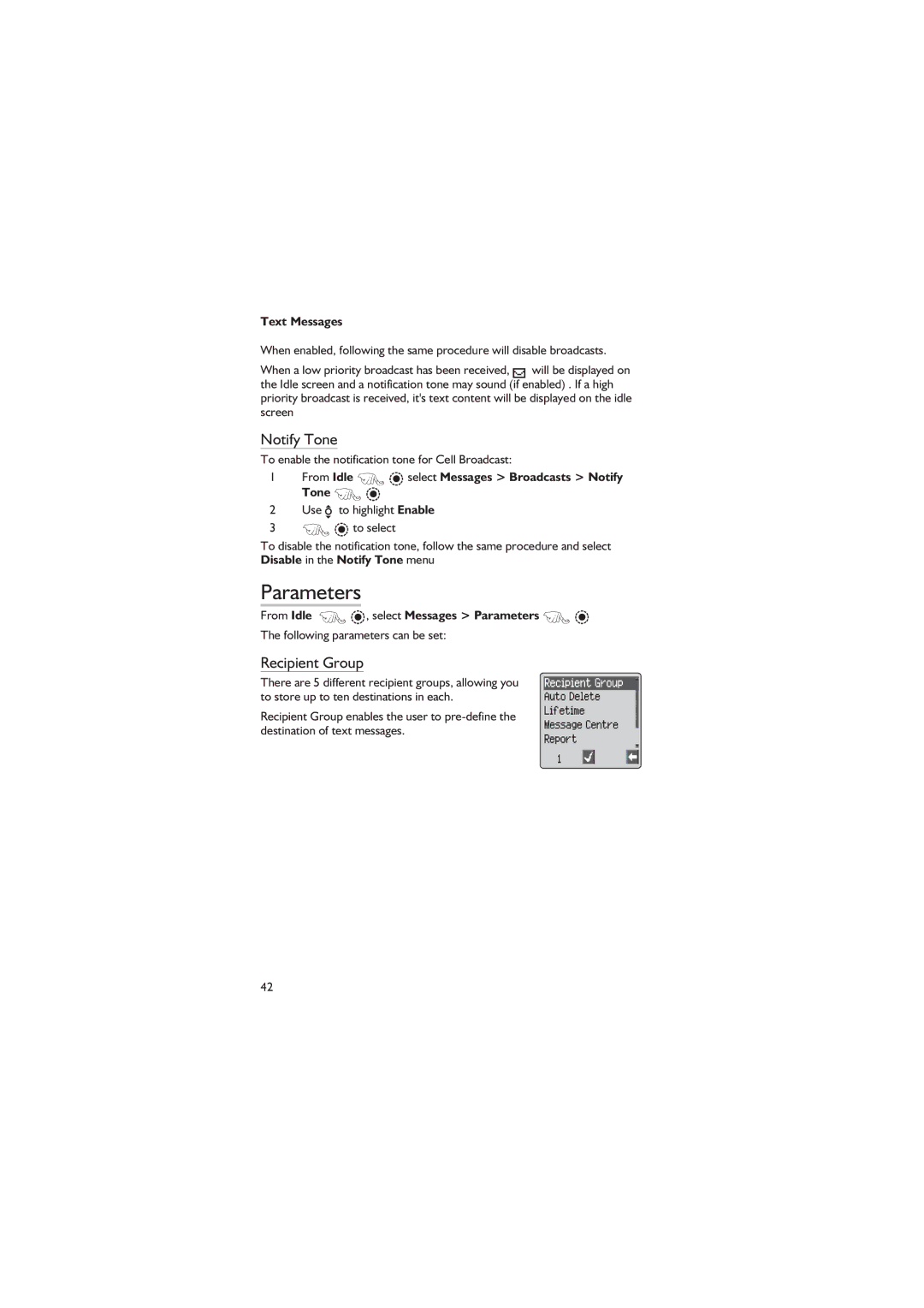 Panasonic EB-GD67 Parameters, Recipient Group, From Idle F Q select Messages Broadcasts Notify Tone F Q 