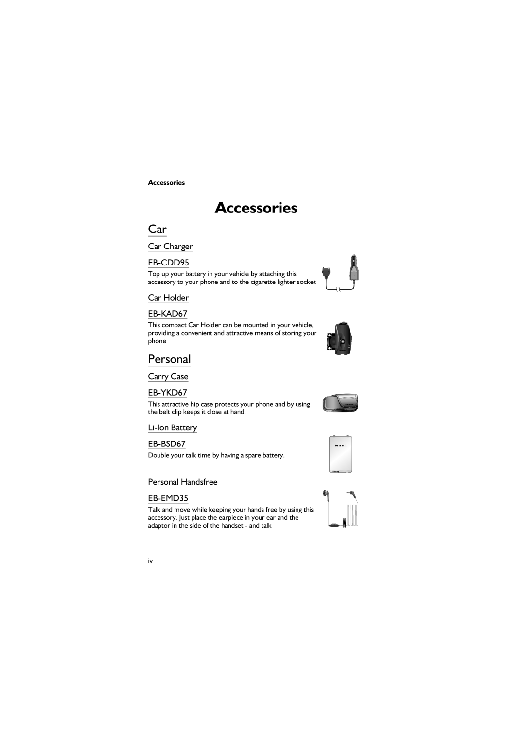 Panasonic EB-GD67 operating instructions Accessories, Car, Personal 