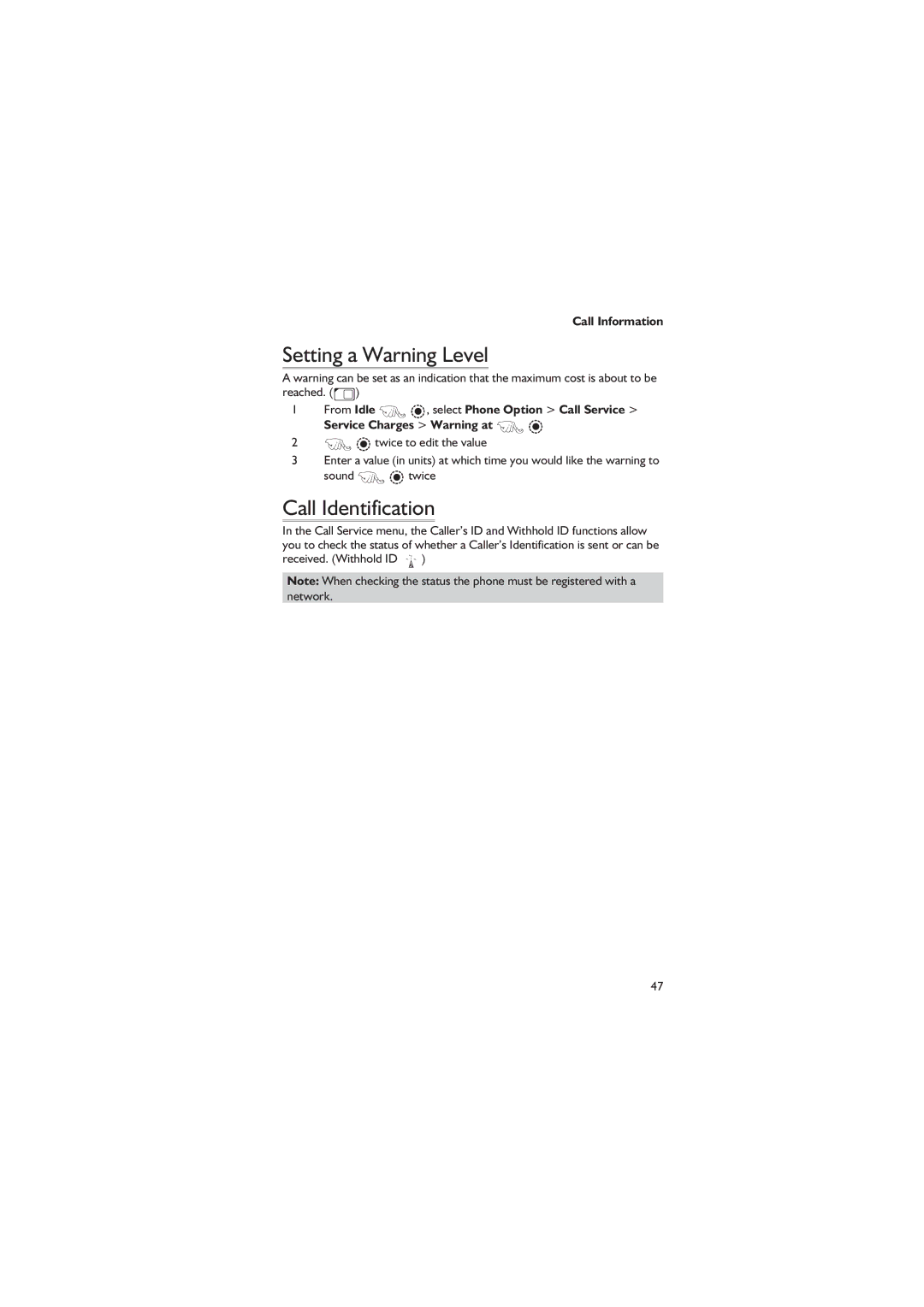 Panasonic EB-GD67 operating instructions Setting a Warning Level, Call Identification 