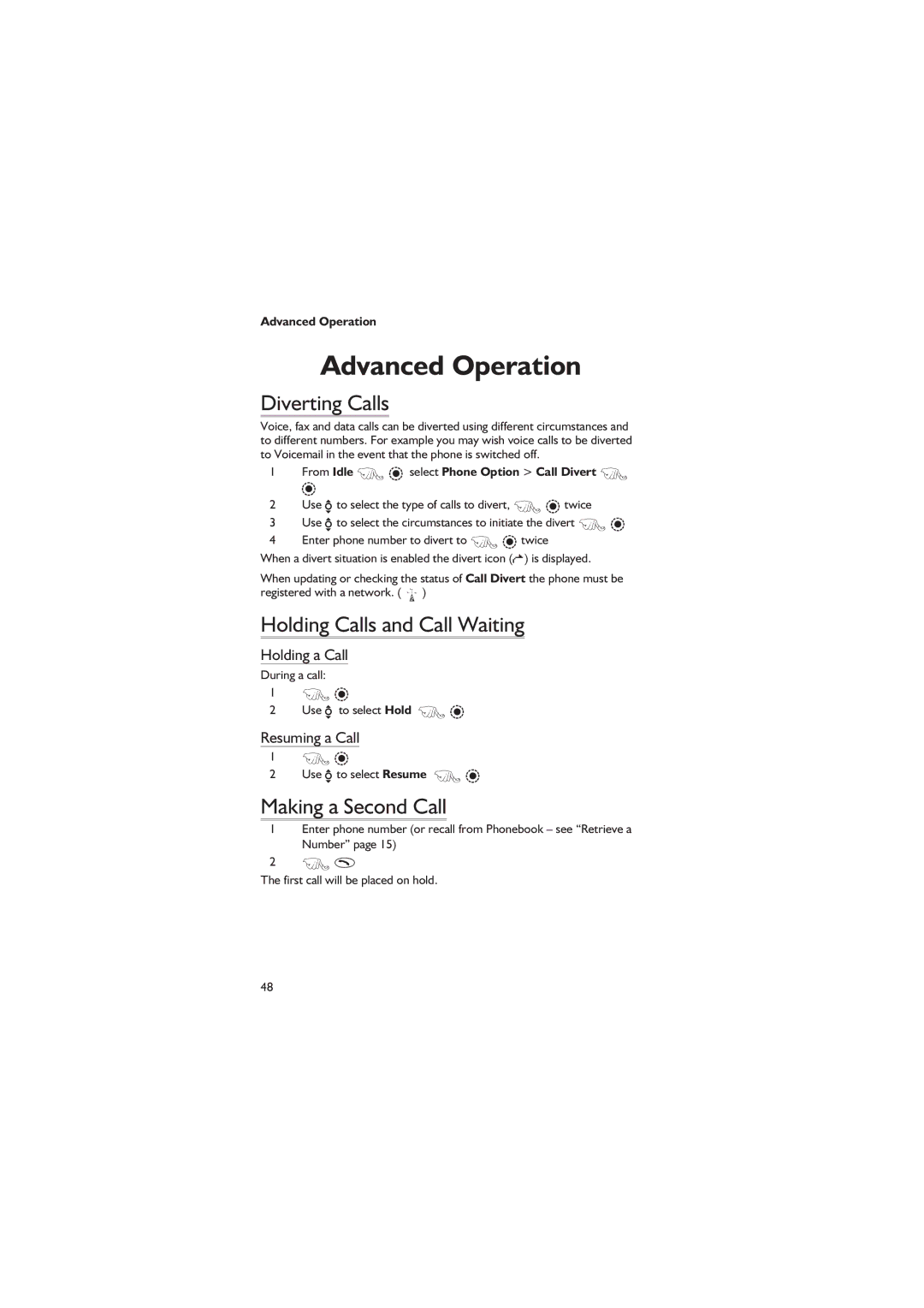 Panasonic EB-GD67 Advanced Operation, Diverting Calls, Holding Calls and Call Waiting, Making a Second Call 