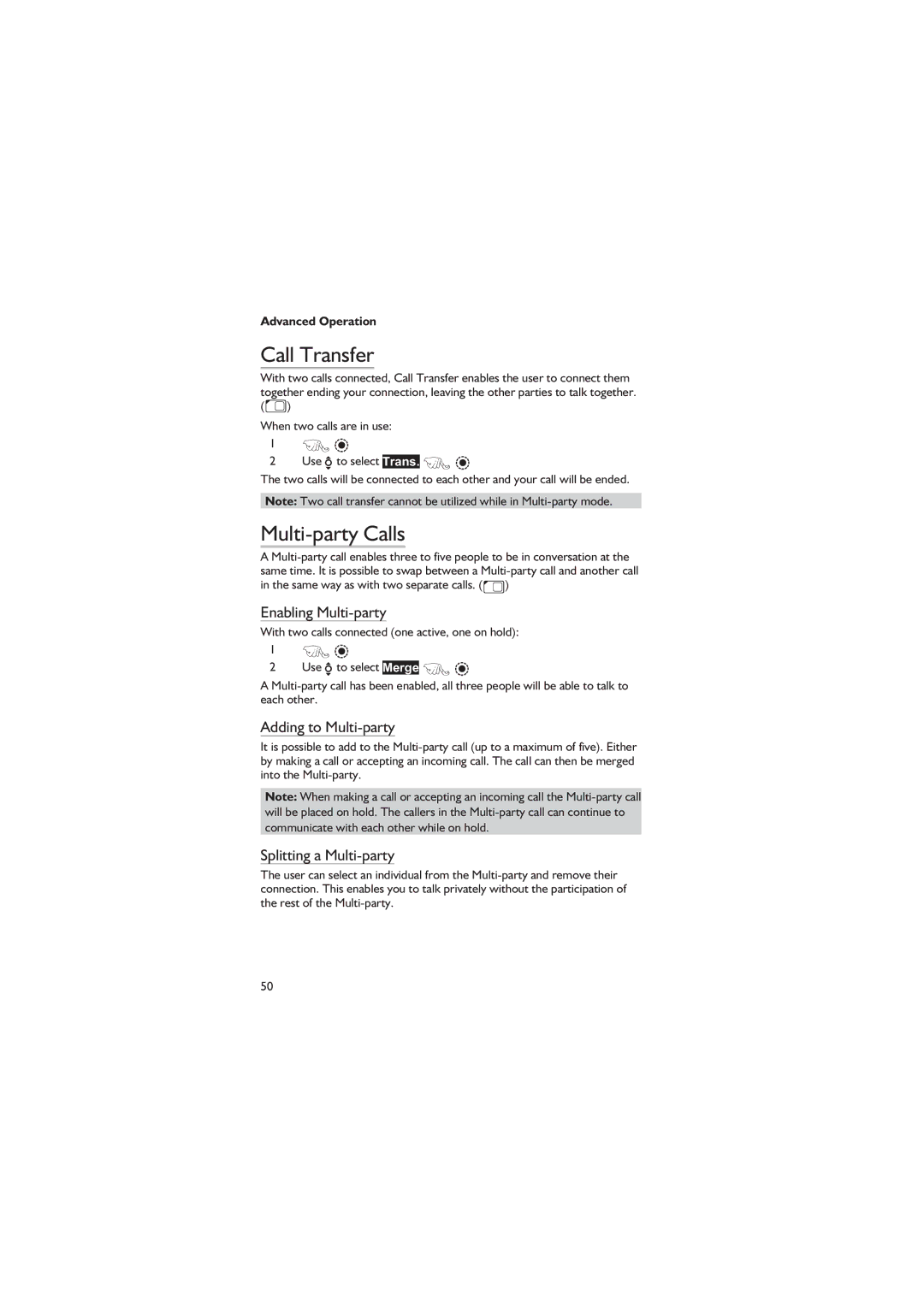 Panasonic EB-GD67 Call Transfer, Multi-party Calls, Enabling Multi-party, Adding to Multi-party, Splitting a Multi-party 