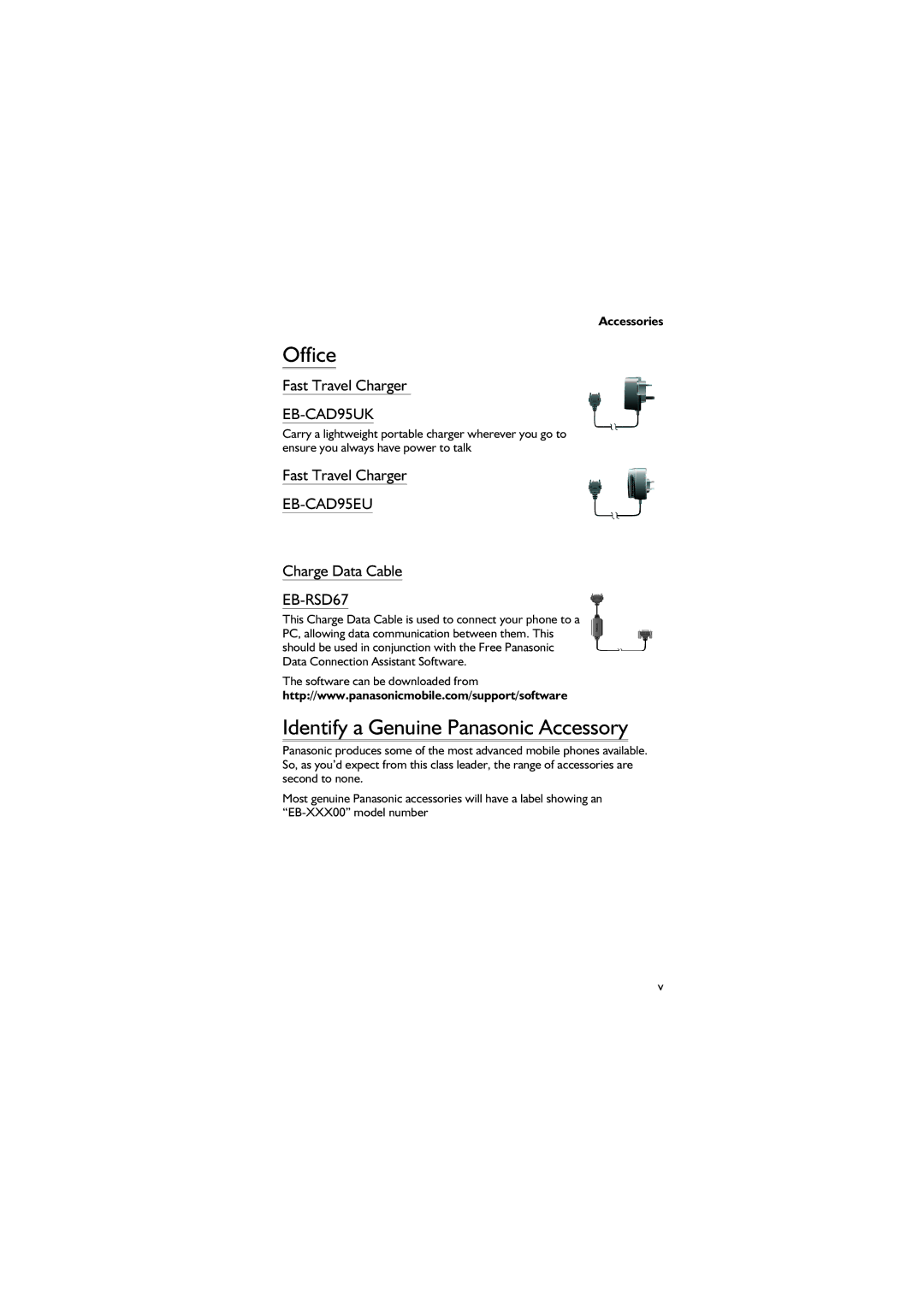 Panasonic EB-GD67 Office, Identify a Genuine Panasonic Accessory, Fast Travel Charger, Charge Data Cable 