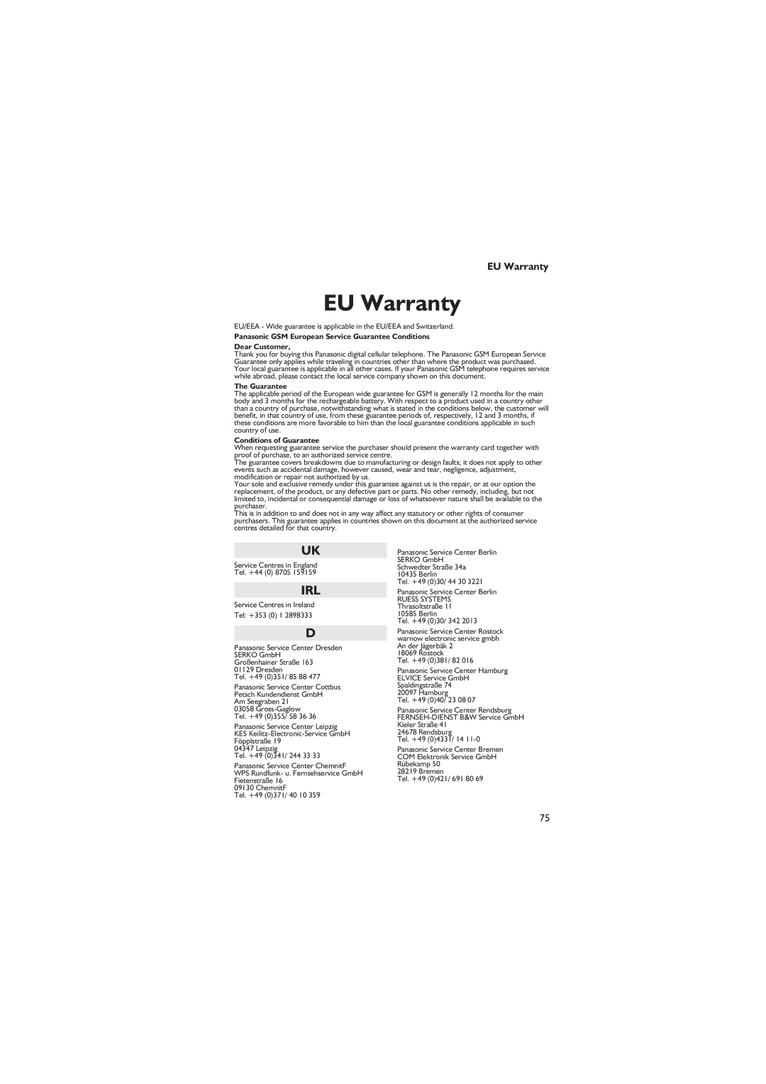 Panasonic EB-GD67 operating instructions EU Warranty 